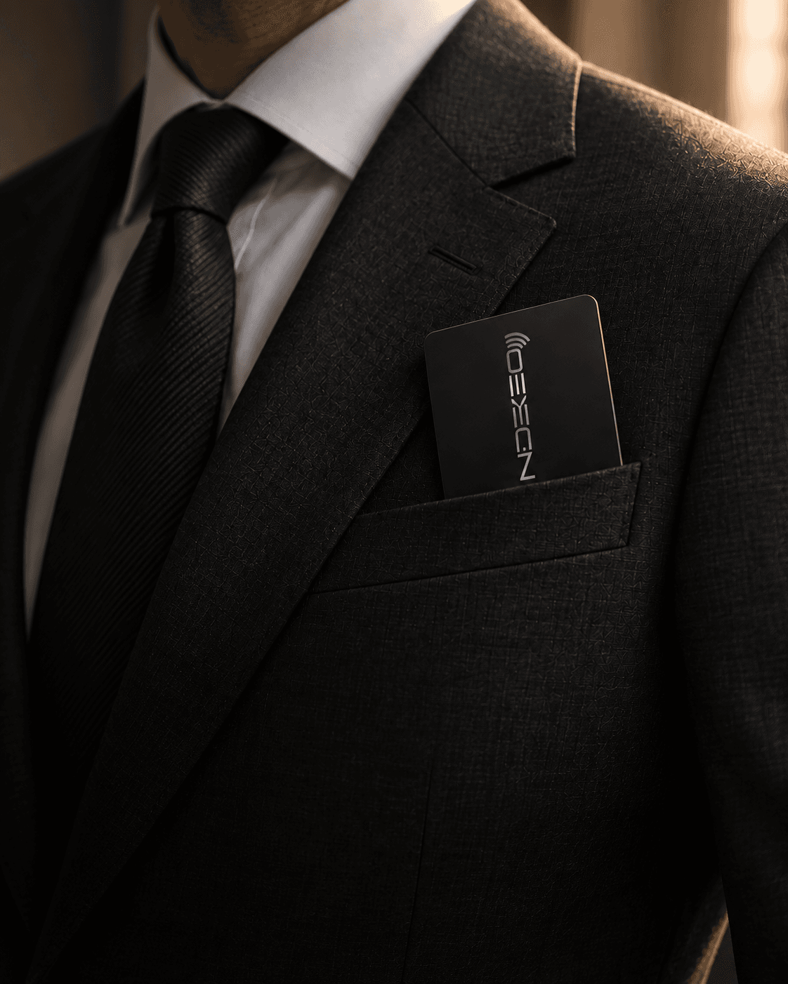 Professional wearing a tailored suit with a Nexeo card in the breast pocket